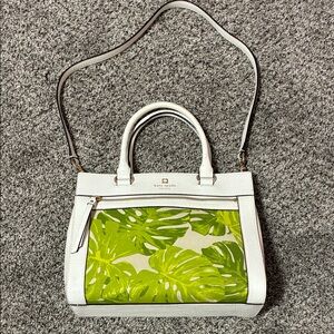 Kate Spade White and Green Palm Leaf Satchel Purse Handbag RARE